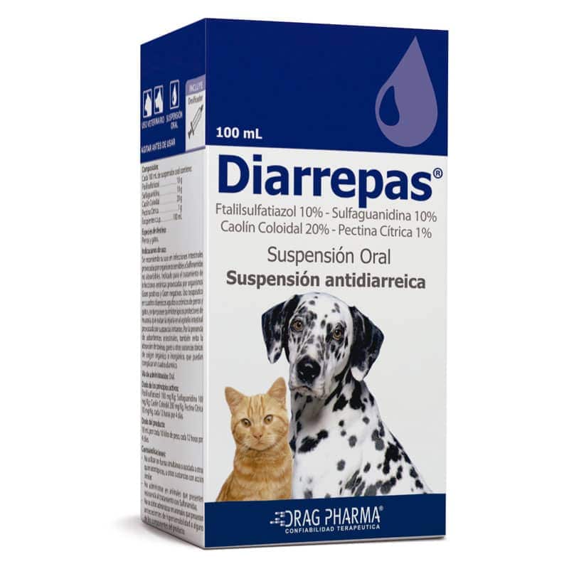 DIARREPAS FTALILSULFATIAZOL 10%, SULFAGUANDINA10% , CAOLIN COLOIDAL 20%, PECTINA CITRICA 1% 100ML