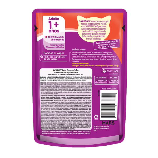 WHISKAS SOBRECITO PARA GATOS CARNE EN SALSA 85GR