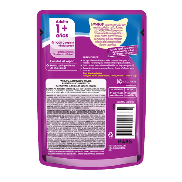 WHISKAS SOBRECITO PARA GATOS SARDINA EN SALSA 85GR