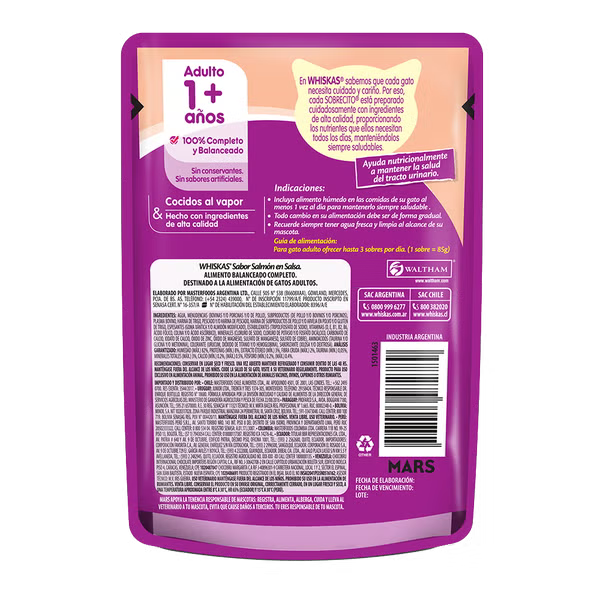 WHISKAS SOBRECITO PARA GATOS SALMON EN SALSA 85GR