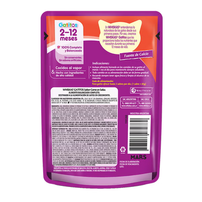 WHISKAS SOBRECITO PARA GATITOS CARNE EN SALSA 85GR